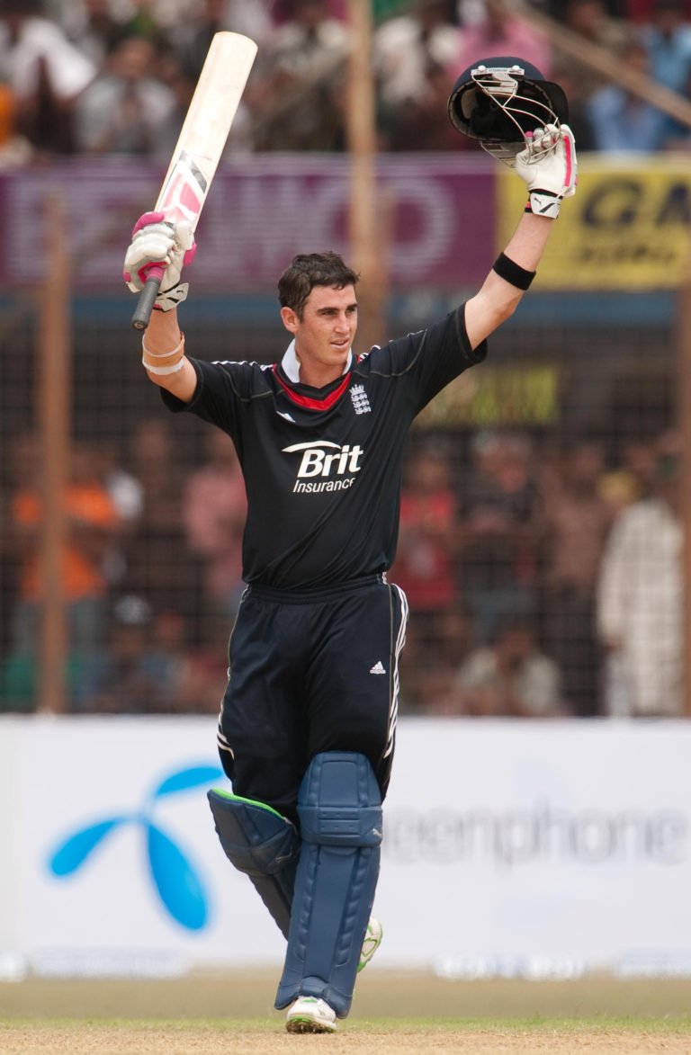 Craig Kieswetter celebrates reaching his century while playing international cricket for England