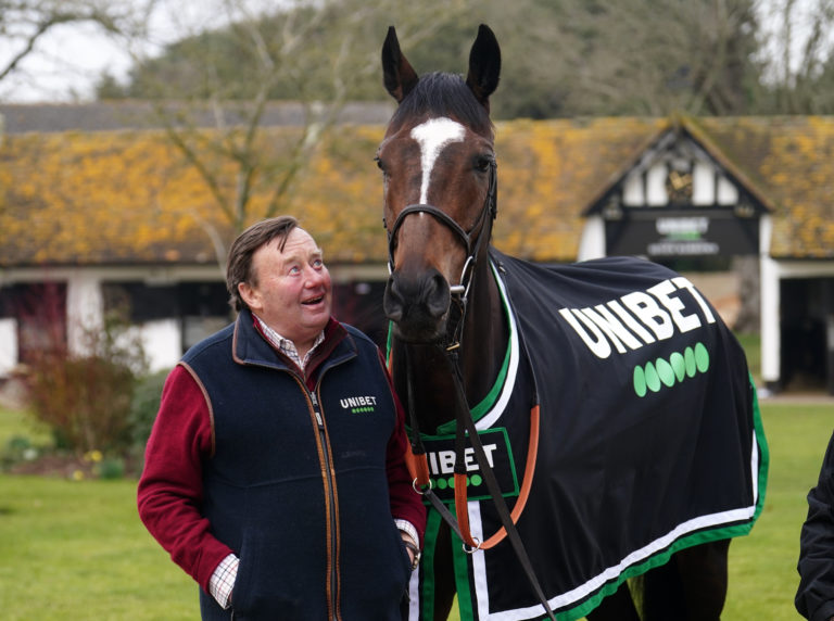 Trainer Nicky Henderson and Jonbon during a visit to Nicky Henderson's stables at Seven Barrows in Lambourn