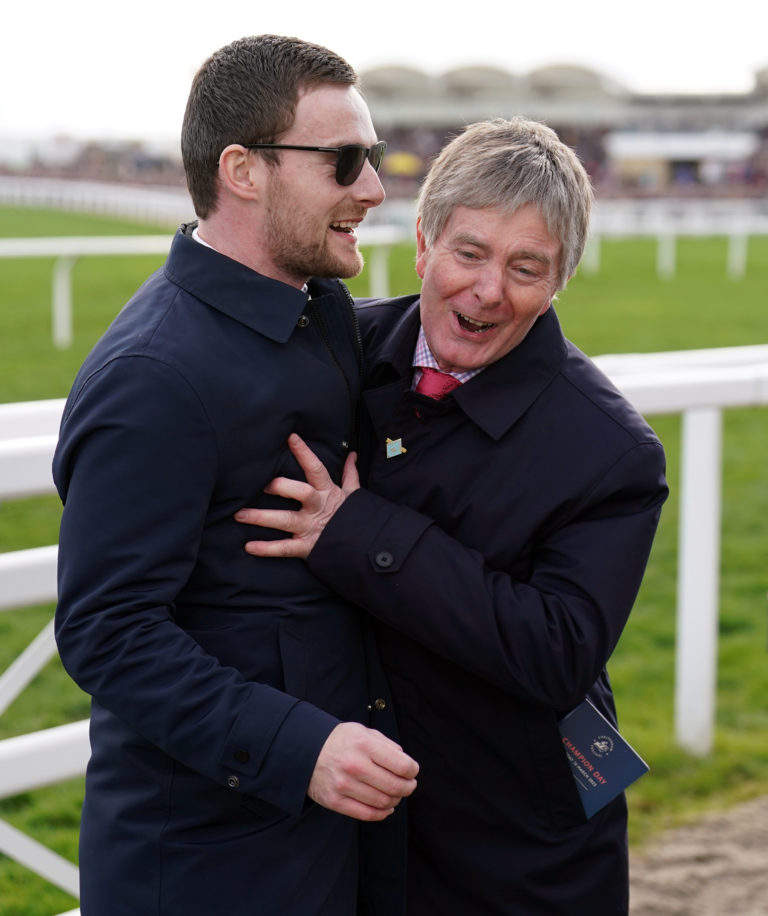 Owner and Trainer of Marine Nationale, Barry Connell (right), celebrates winning the Sky Bet Supreme Novices' Hurdle