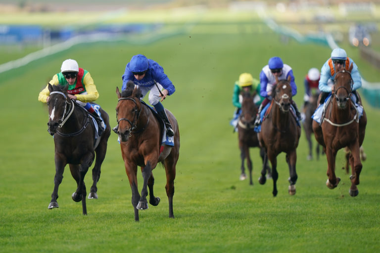 Blanchland (left) on the way to finishing second in the Zetland Stakes
