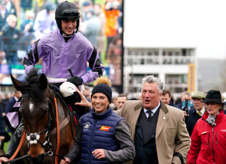 Harry Cobden celebrates with Paul Nicholls after Stage Star won the Turners Novices' Chase on day three of the Cheltenham Festival