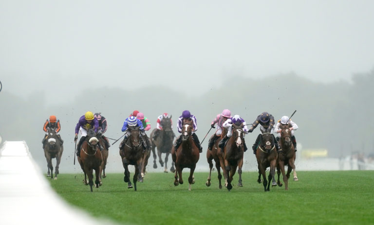 Falcon Eight (left) running in the Queen Alexandra Stakes at Royal Ascot