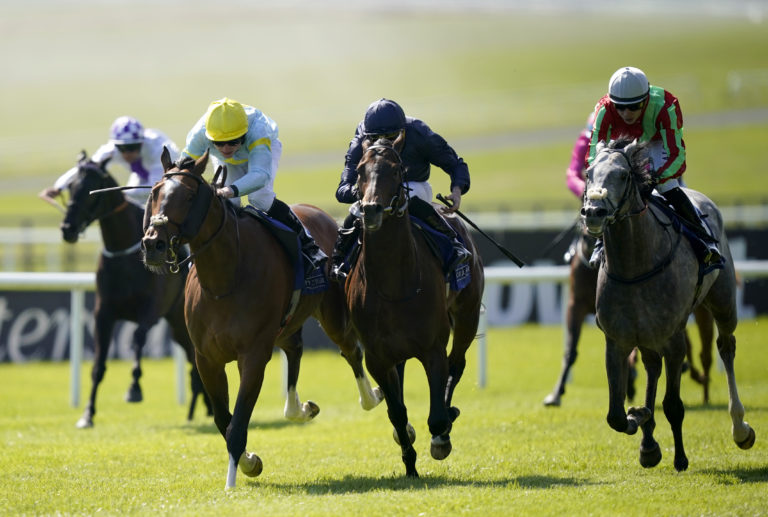 Drumroll ridden by Ryan Moore (centre) wins The Heider Family Stables Gallinule Stakes