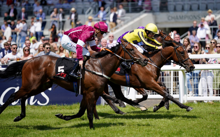 Noche Magica (purple) had to settle for second behind Givemethebeatboys (yellow) in the Marble Hill Stakes at the Curragh