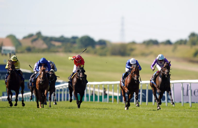 Artorius (red) finishing third in the July Cup at Newmarket