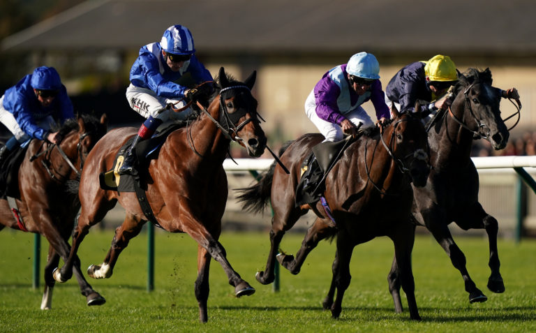 Enfjaar ridden by David Egan (centre left) wins the Weatherbys Print And Design Maiden Stakes at Newmarket