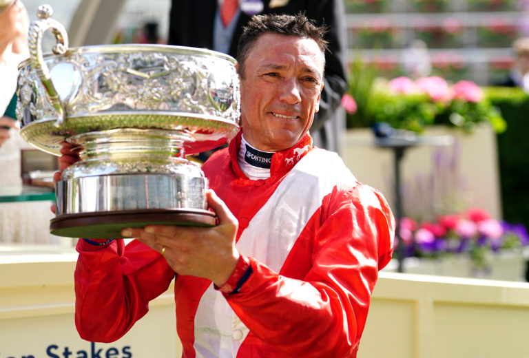 Jockey Frankie Dettori with the Coronation Stakes trophy after his victory aboard Inspiral last year