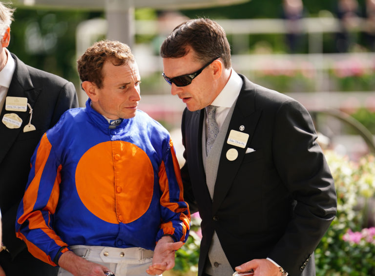 Ryan Moore with Aidan O'Brien after the St James's Palace Stakes victory of Paddington