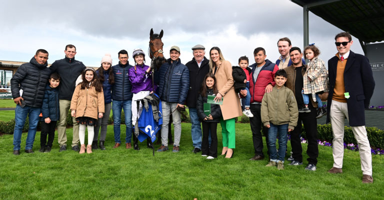 Jockey Kevin Stott and the winning connections after Bucanero Fuerte's Curragh victory in March
