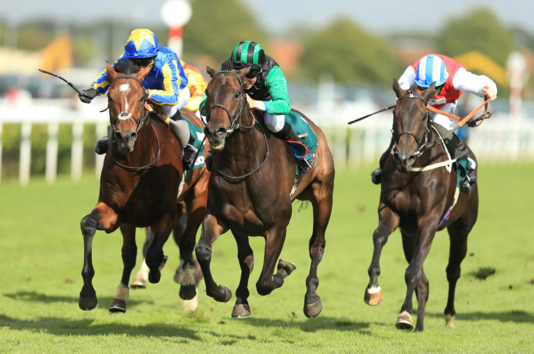 Times Up (centre) ridden by Eddie Ahern won the 2012 Doncaster Cup for the late John Dunlop