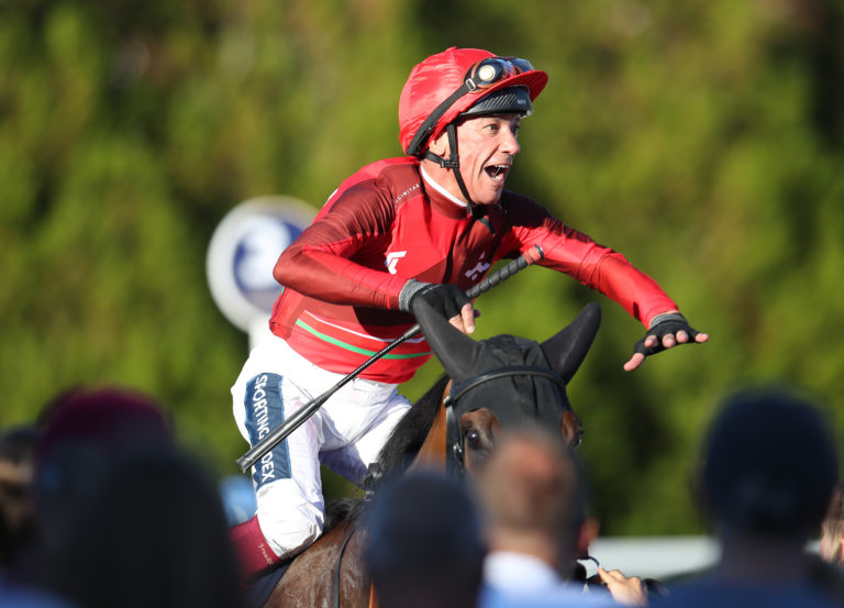 Frankie Dettori reacts after winning the William Hill Bet Boost Racing League R11 handicap on Postmark during the Racing League 2022 Race Week 2 meeting at Lingfield Park Racecourse, Surrey. (PA)