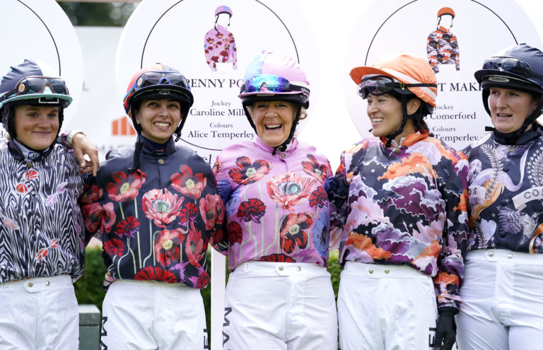 Jockeys Annabelle Hadden-Wight, Khadija Al Bastaki, Caroline Miller, Lyn Comerford, and Elizabeth Prosser (left to right)