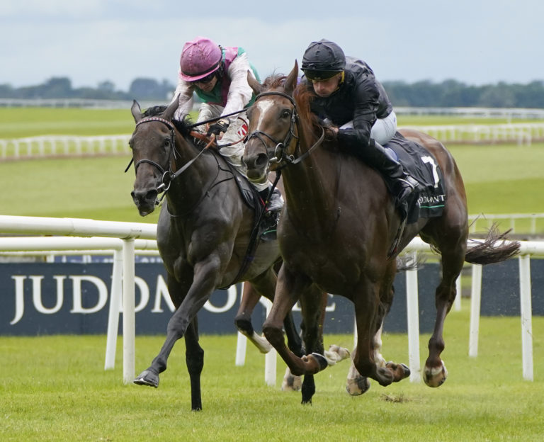 Bluestocking (left) pushed Savethelastdance all the way at the Curragh