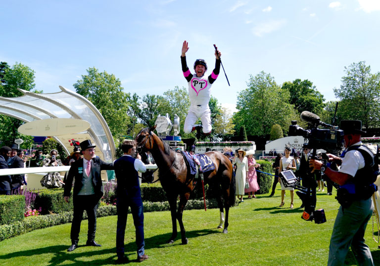 Frankie Dettori celebrates at Ascot with a flying dismount from Porta Fortuna