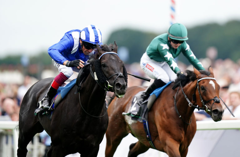 Mostahdaf (left) beating stablemate Nashwa in the Juddmonte International