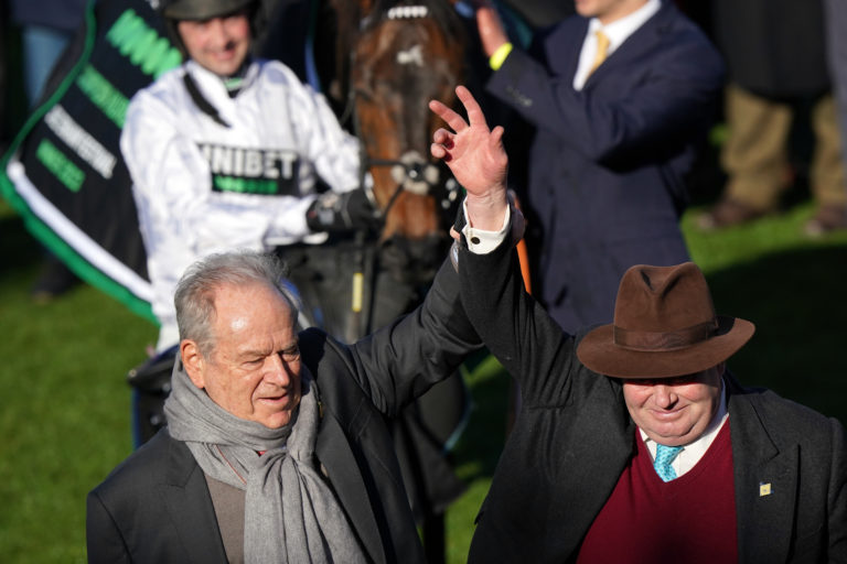 Owner Michael Buckley and trainer Nicky Henderson (right) after winning the Unibet Champion Hurdle with Constitution Hill