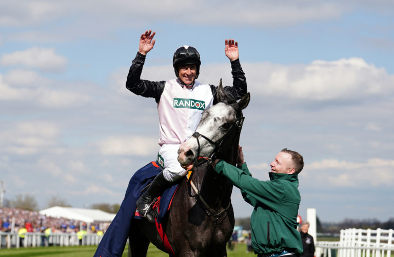 Jockey Davy Russell celebrates winning the final Grade One of his career aboard Irish Point
