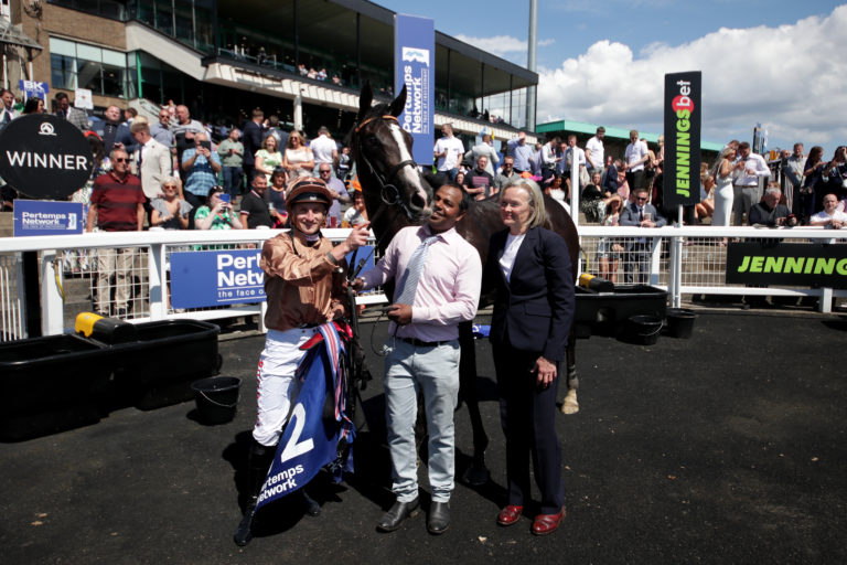 Sense of Duty with Jockey Tom Marquand after winning at Newcastle