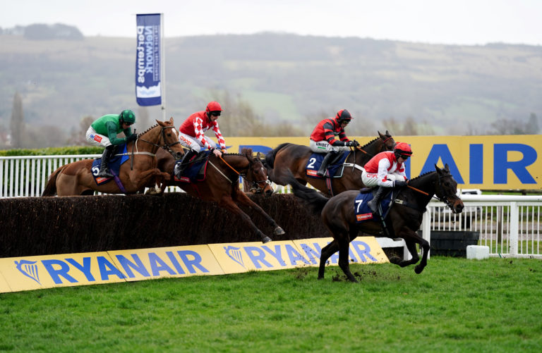 Notlongtillmay leads the way in the Turners Novices' Chase at Cheltenham