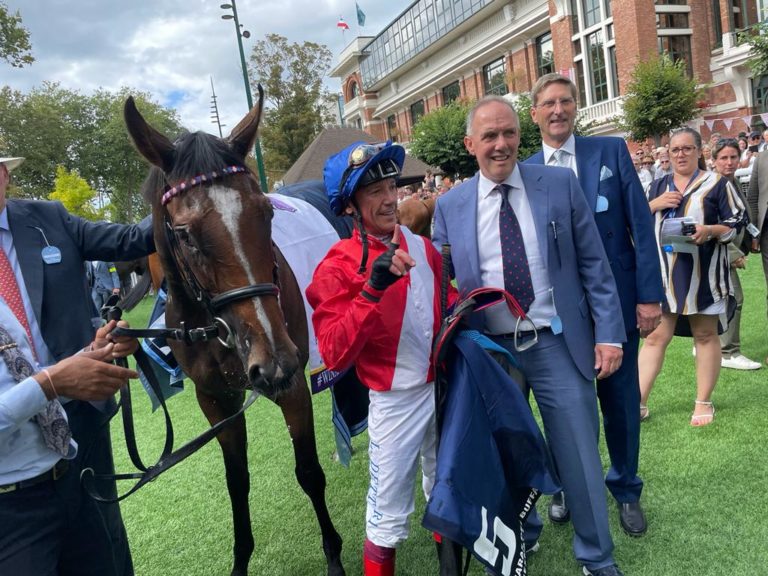 Richard Thompson (second right) with Frankie Dettori and Inspiral at Deauville
