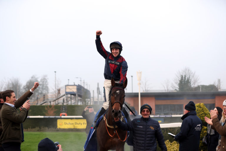 Datsalrightgino and jockey Gavin Sheehan after winning the Coral Gold Cup