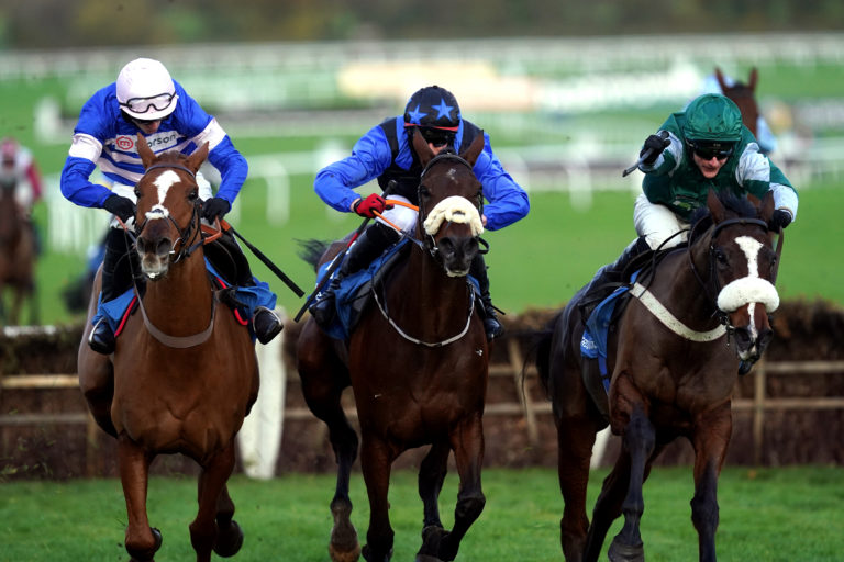 The Big Doyen (centre) finishing third at Cheltenham in November