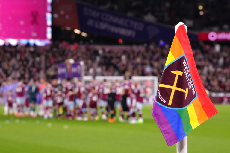 A corner flag with rainbow colours for the Rainbow Laces campaign ahead of a Premier League match at the London Stadium