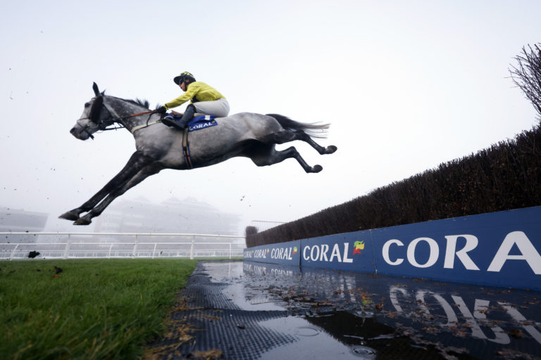 Elixir De Nutz jumps the water jump at Newbury