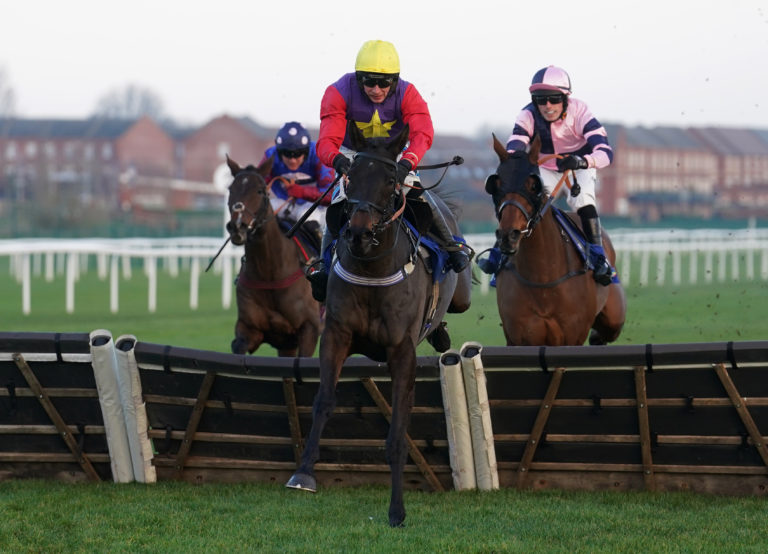 Flight Deck (pink) was still in contention at the last at Newbury