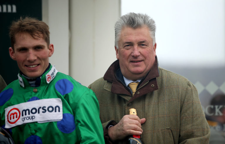 Harry Cobden and Paul Nicholls following the victory of Ginny's Destiny