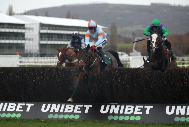 La Malmason (centre) jumps the final fence at Cheltenham