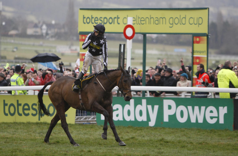 Paddy Brennan celebrates winning the Cheltenham Gold Cup on Imperial Commander