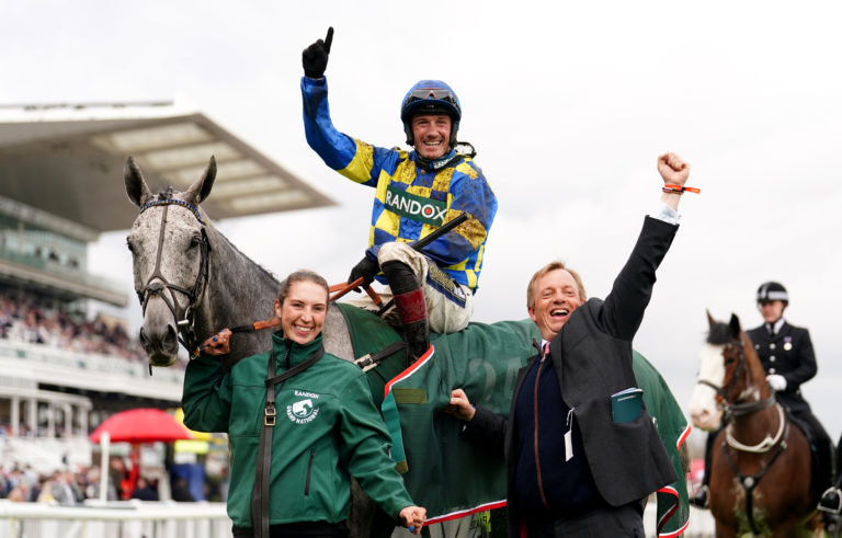 Warren Gretrex celebrates Bill Baxter's Topham win with Sam Twiston-Davies