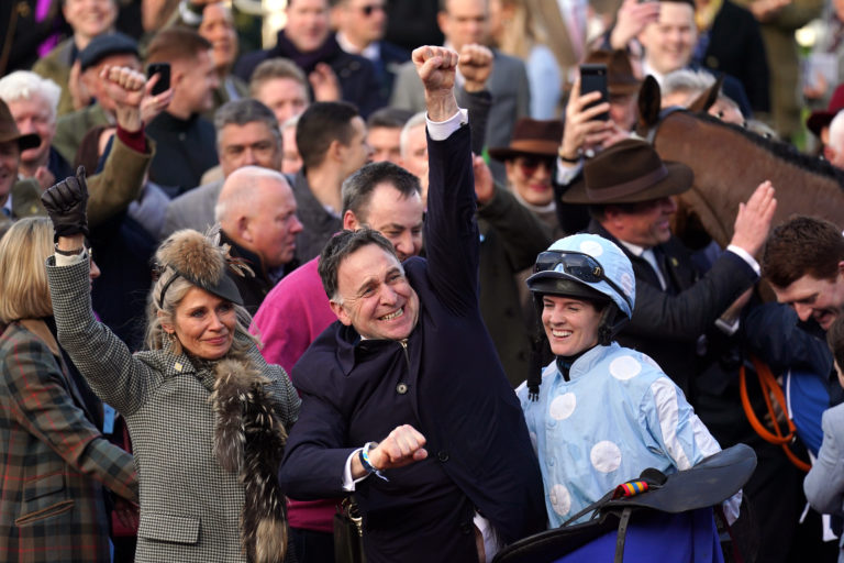 Rachael Blackmore and Henry de Bromhead celebrate after winning Mares' Hurdle with Honeysuckle