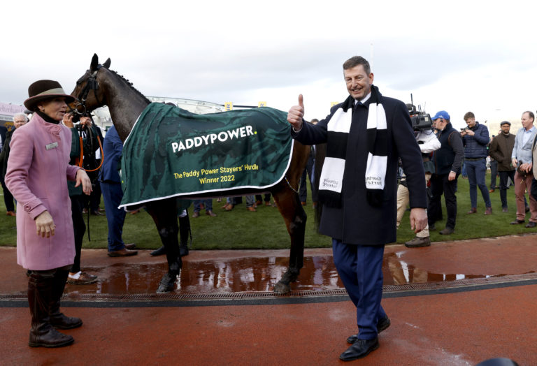 Gavin Cromwell celebrates after Flooring Porter's second Stayers' Hurdle win