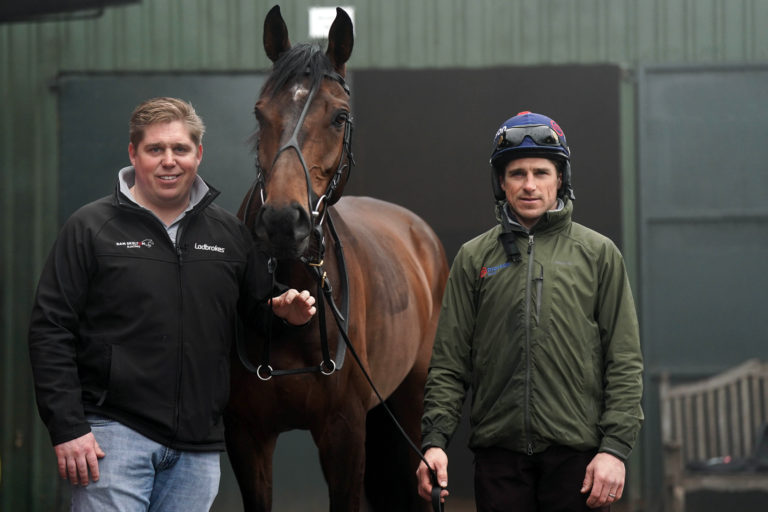 Dan and Harry Skelton with Protektorat at Skelton's Lodge Hill stables