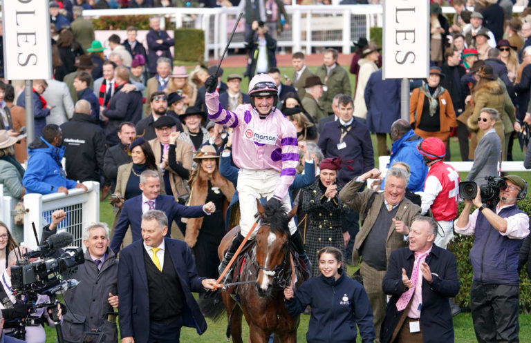Harry Cobden celebrates winning the Albert Bartlett Novices' Hurdle on Stay Away Fay