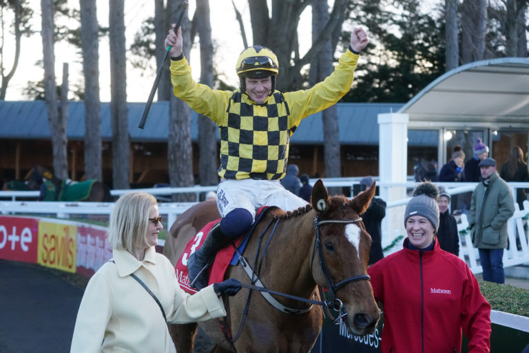 Paul Townend celebrates aboard State Man following his second Matheson Hurdle success