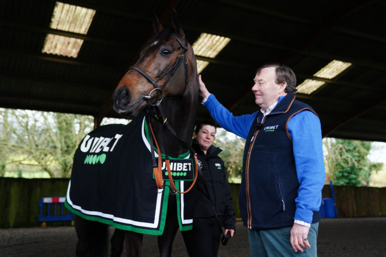 Nicky Henderson with Constitution Hill at a stable visit last week