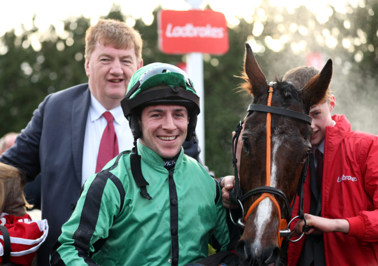 Shark Hanlon and Gavin Sheehan with Hewick after winning the King George VI Chase at Kempton
