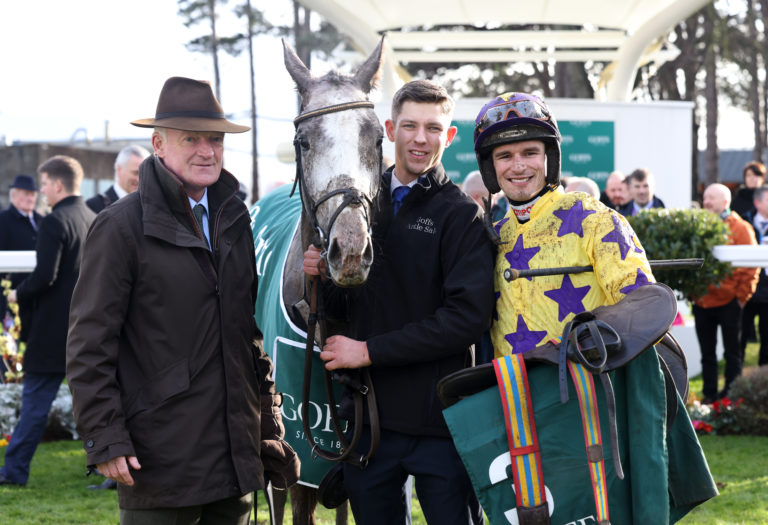 Willie Mullins and Danny Mullins celebrate the Irish Arkle success of Il Etait Temps at the Dublin Racing Festival