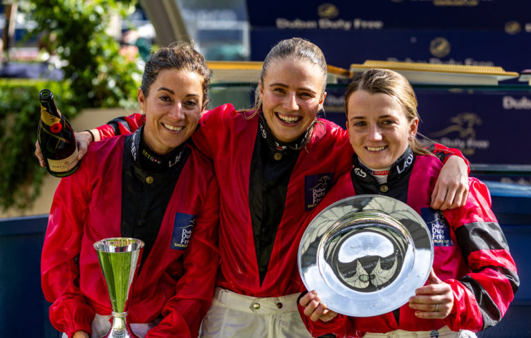 Hayley Turner, Saffie Osborne and Hollie Doyle after winning during the Dubai Duty Free Shergar Cup last season