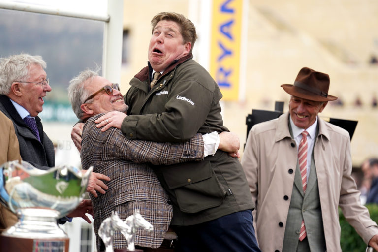 Dan Skelton celebrates the victory of Protektorat at Cheltenham