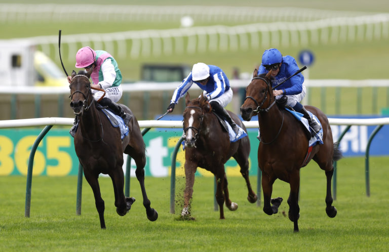 Star Music (centre) finishing third in Newmarket's Oh So Sharp Stakes