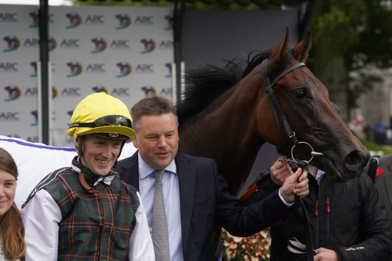 Jockey Billy Lee and trainer Paddy Twomey with A Lilac Rolla at the Curragh