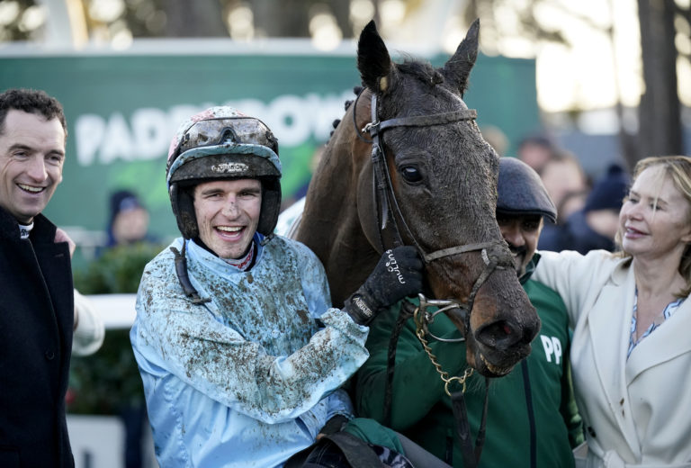 Danny Mullins celebrates winning the Paddy Power Chase on Meetingofthewaters