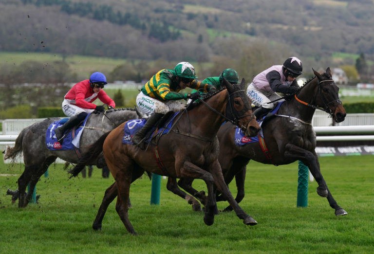 Mystical Power (left) coming up the hill at Cheltenham