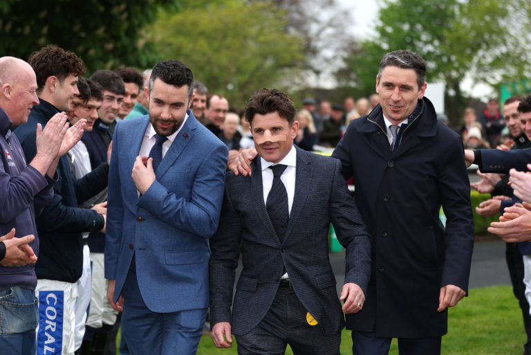 Retiring jockeys Aidan Coleman, Jamie Moore and Paddy Brennan at Sandown