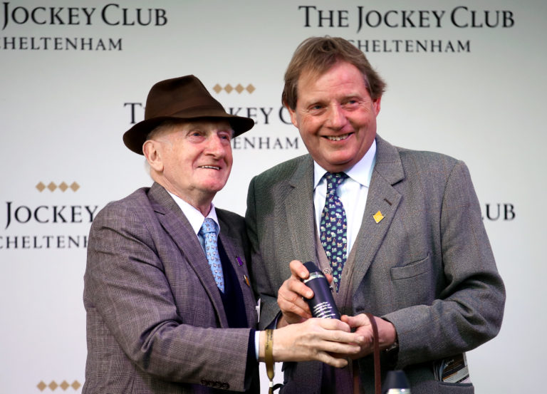 Paul Webber (right) with Martin Pipe after Indefatigable won at Cheltenham in 2020 