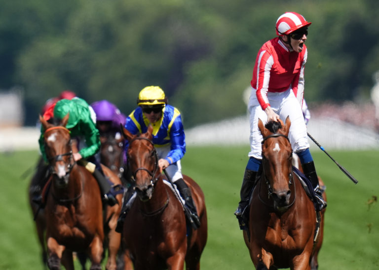 Goliath (yellow cap) chased home Isle Of Jura in the Hardwicke Stakes